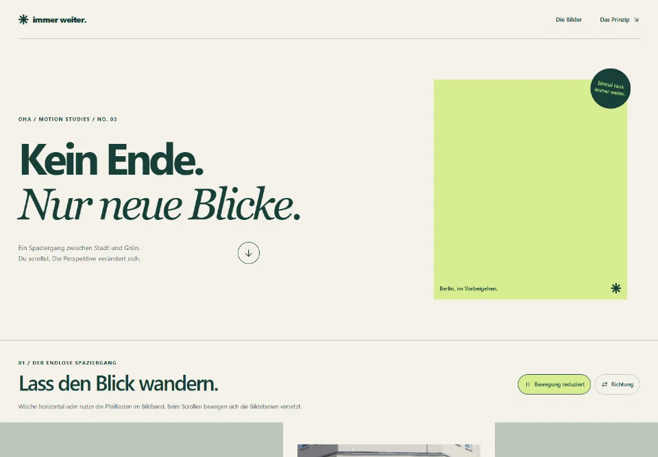 Vorschau von immer weiter. mit der Überschrift Kein Ende. Nur neue Blicke. und einer Uferfotografie.