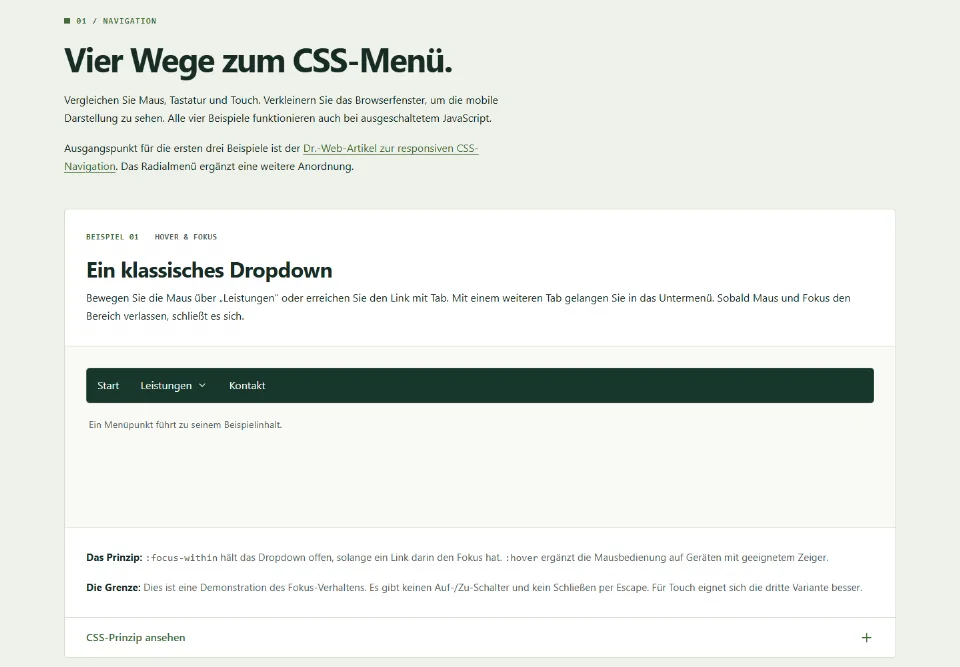 Vorschau der CSS-Menü-Spielwiese mit Erklärungen und einem Dropdown-Menü.