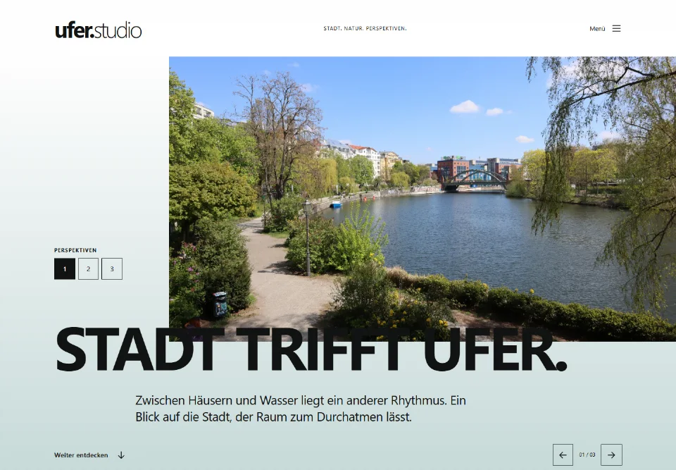 Vorschau von ufer.studio mit großem Uferfoto und der Überschrift Stadt trifft Ufer.